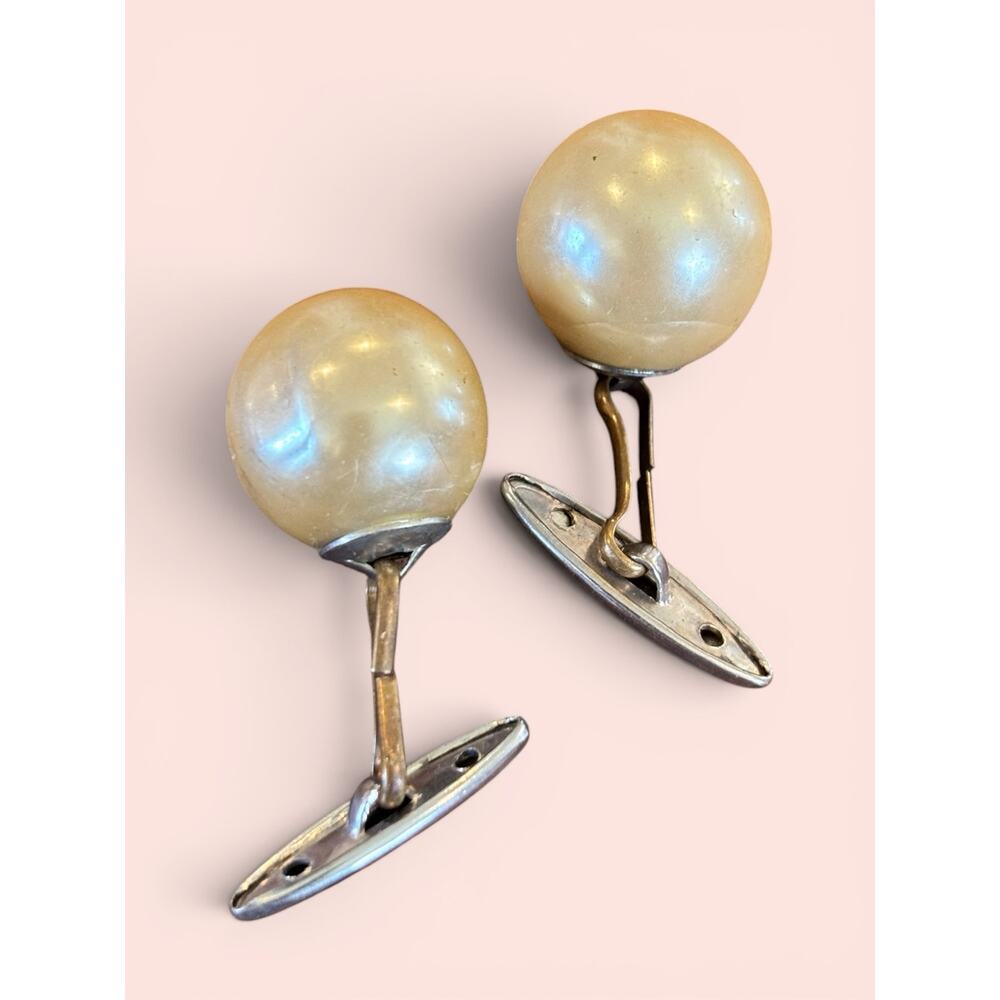 Art Deco Moon Glow Pearl Cufflinks Cream Orb Atomic Gentleman